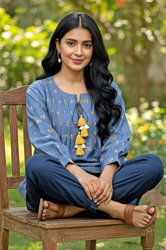 Embroidered Denim Top with Tassel